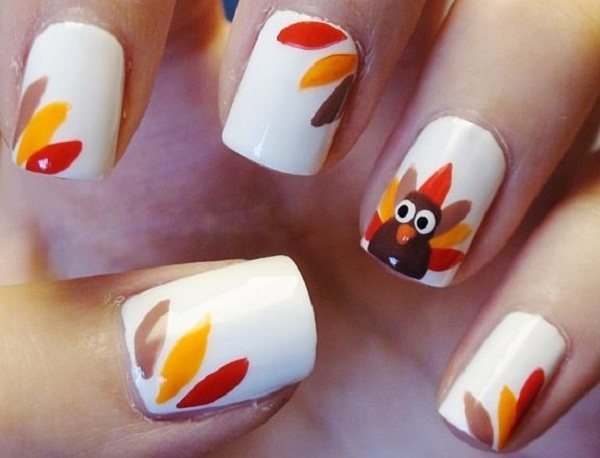 Diy thanksgiving nail art turkey feathers