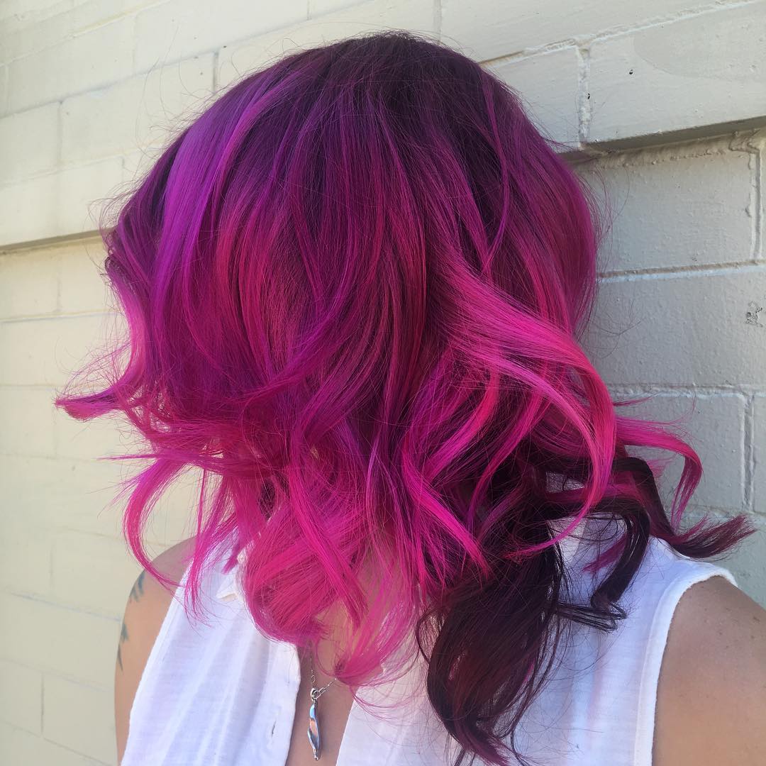 Curly Hot Pink and Maroon Shoulder-Length Cut red medium hairstyle