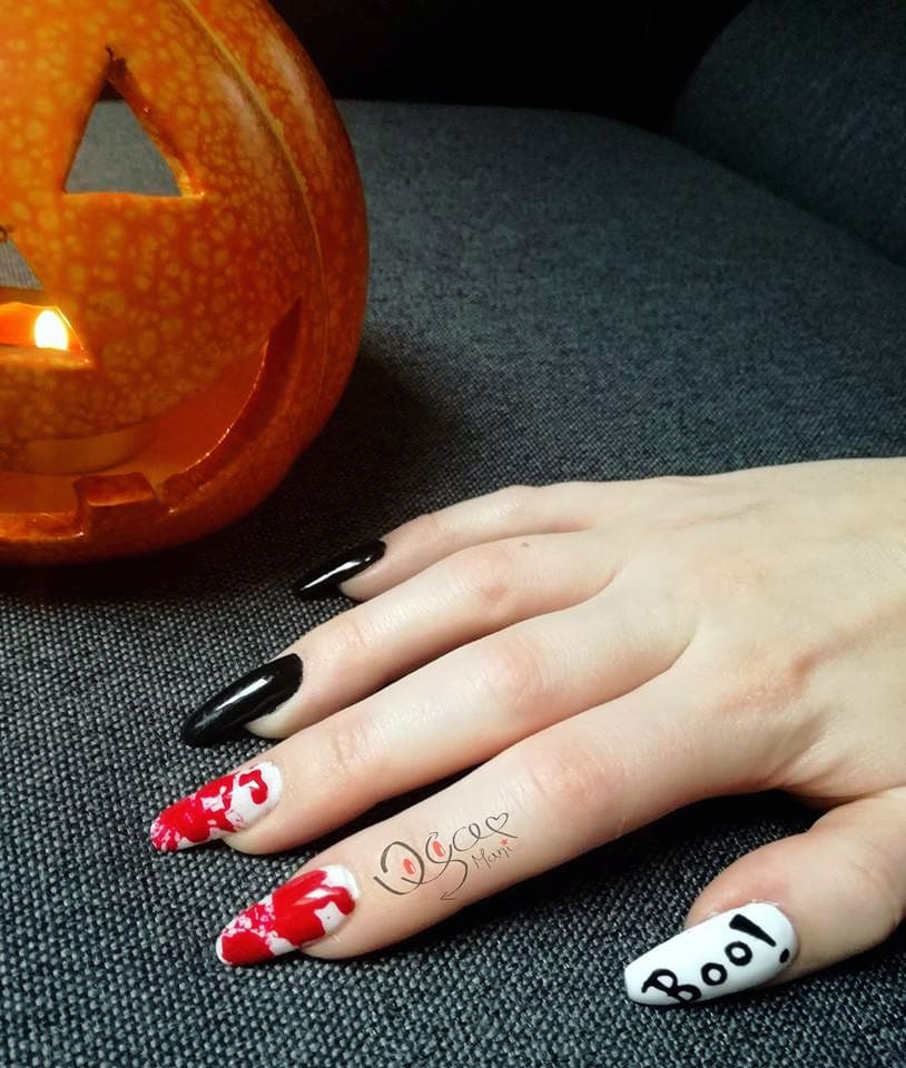 Adorable Red and Black Nail Art for Long Almond Style Nails