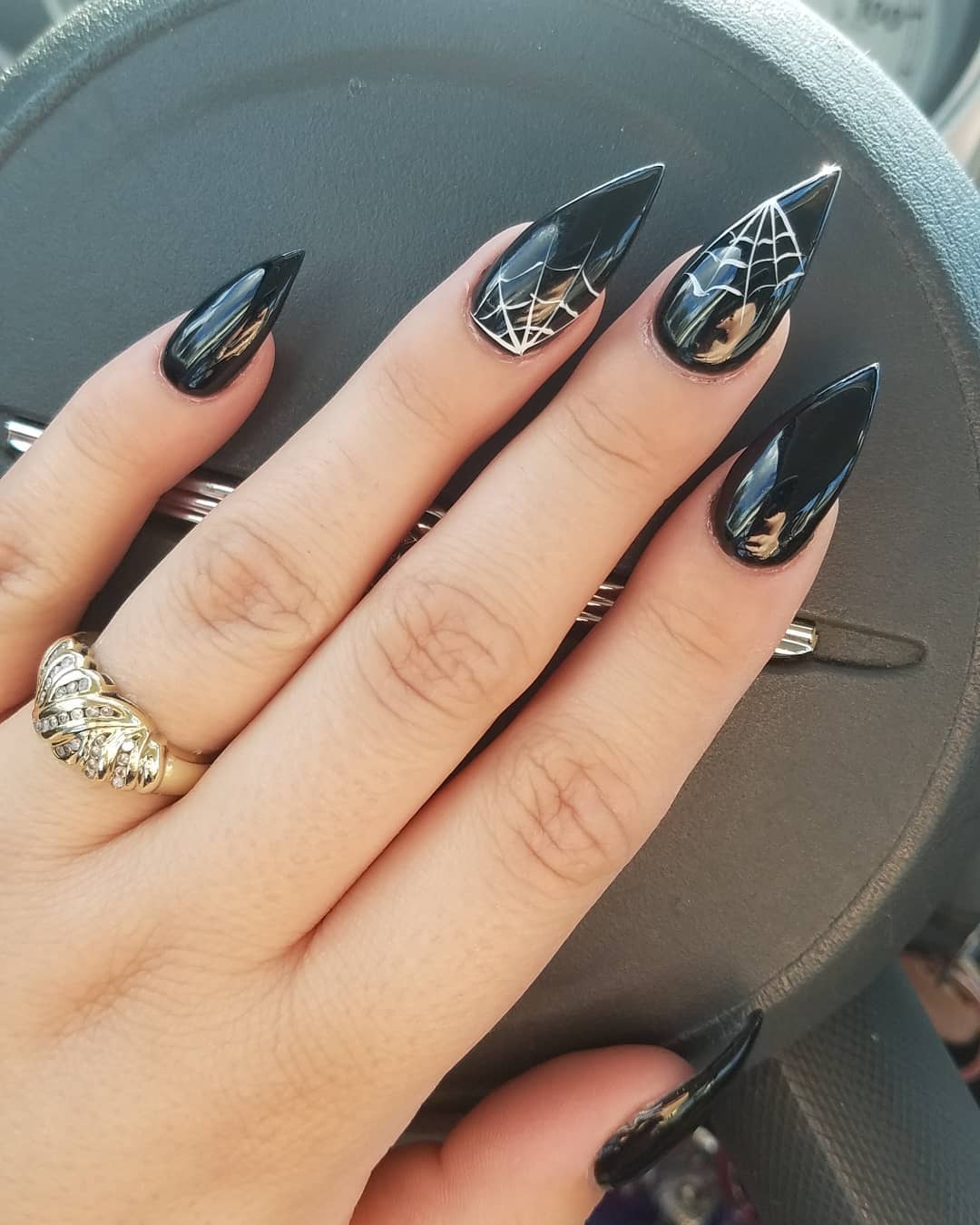 Golden Spider Web Design Black Stiletto Nails