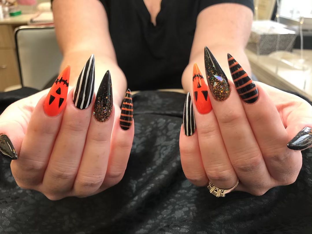 Jack-O-Lantern Nail Art for Stiletto Nails