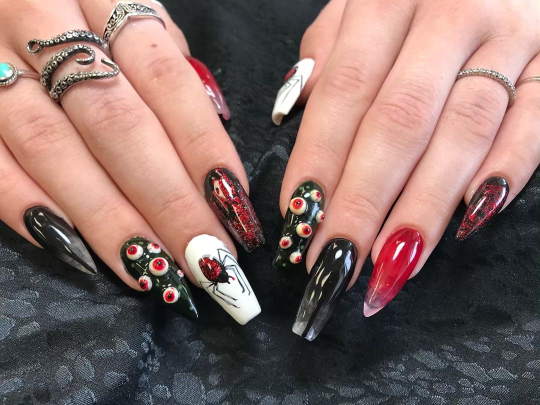 Lady Bug Design Black Long Nails for Halloween