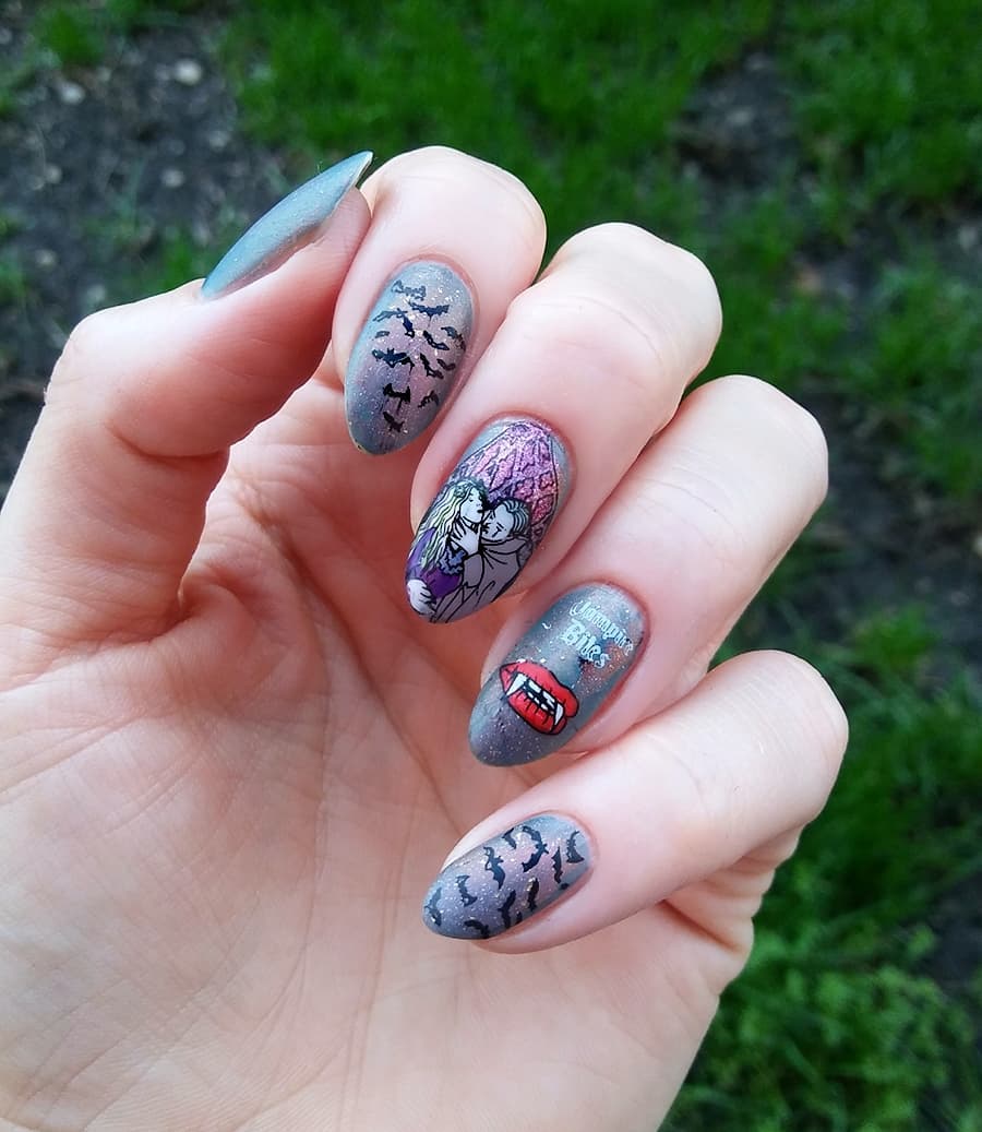 Lipstick and Bats Design Blue Nails