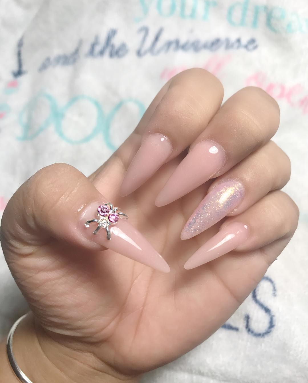 Long Stiletto Nails with Rhinestone Decorated