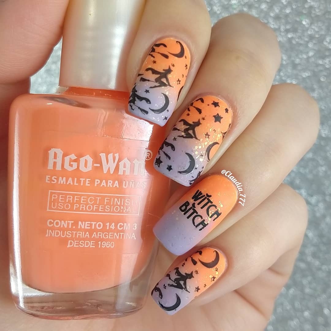 Moon Bats and Painted Words Nail Art for Long Nails