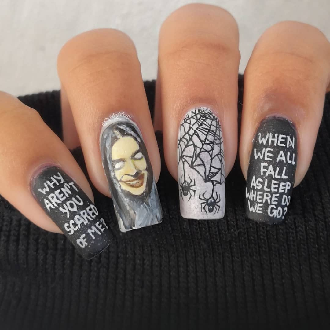 Quote Devil and Spider Nail Art for Long Square Nails