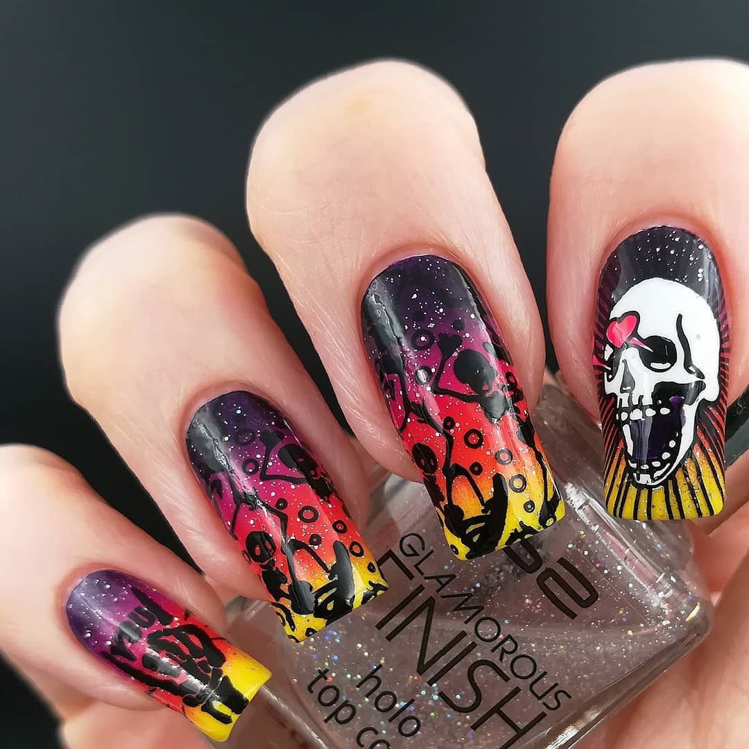 Spooky Skull and Graveyard Nail Art Design for Long Square Nails