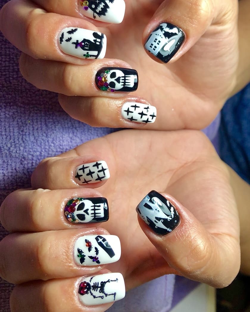 Sugar Skull Skeleton and Flying Bats Design Nail Art for Medium Length Square Nails