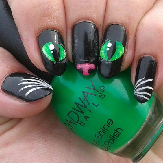 Black Cat Halloween Nail Art Designs