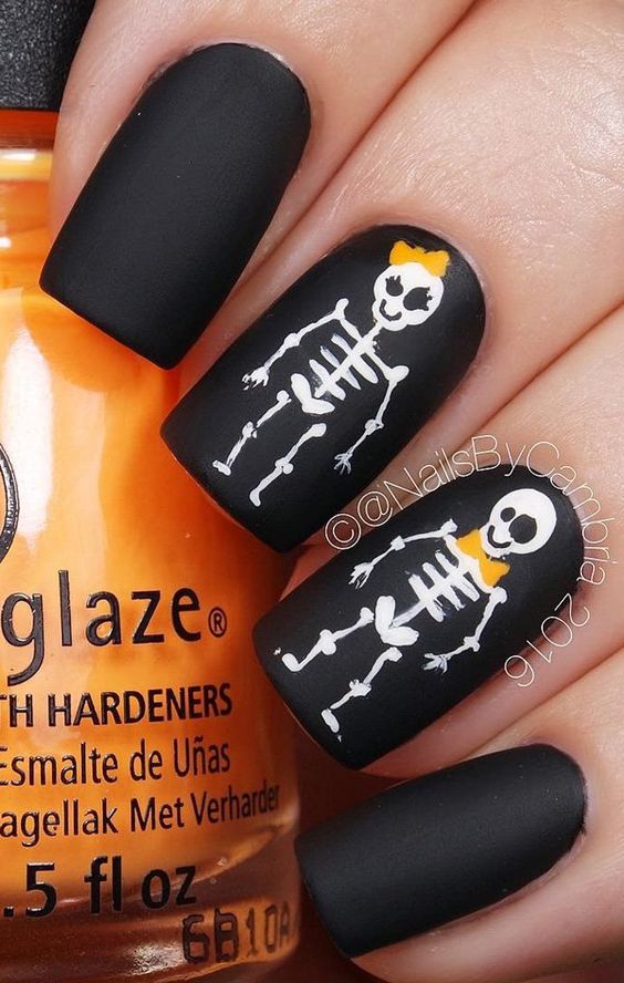 Matte Black Halloween Skeleton Nail Art Design