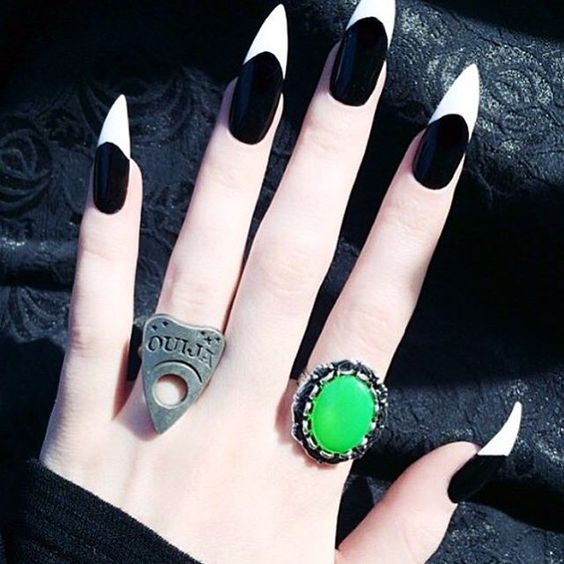 White And Black Long Length Halloween Nail Art