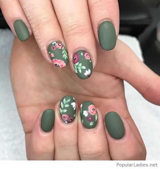 Matte Olive Nails with Floral Print