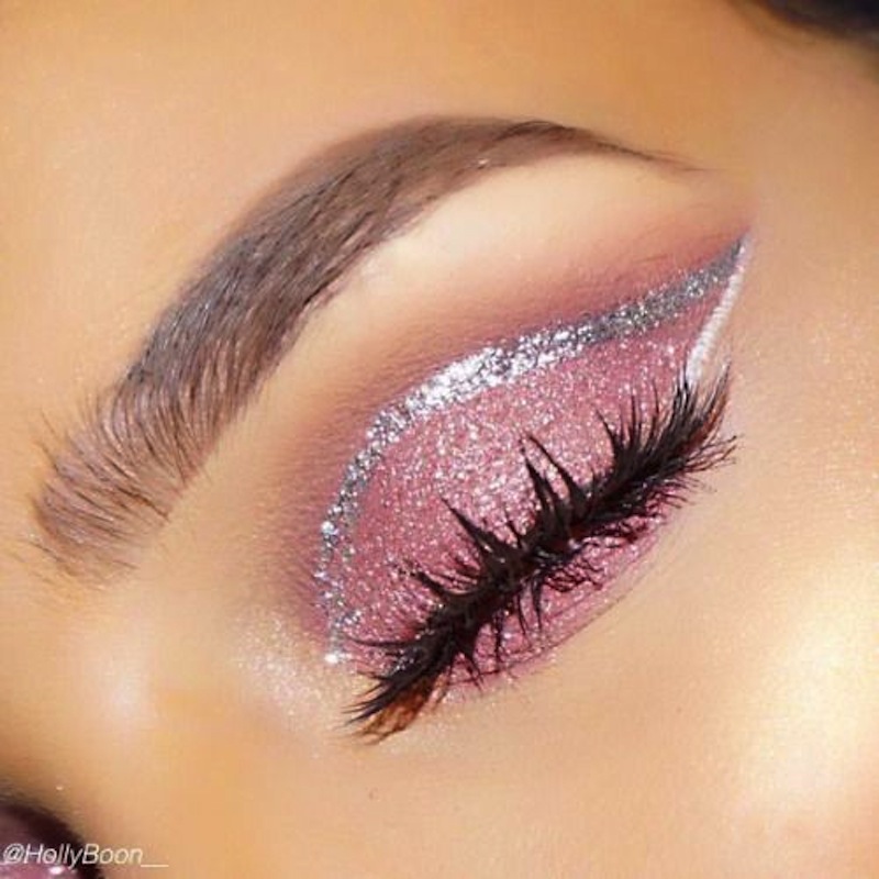 Pink glitter lid and a silver glitter crease