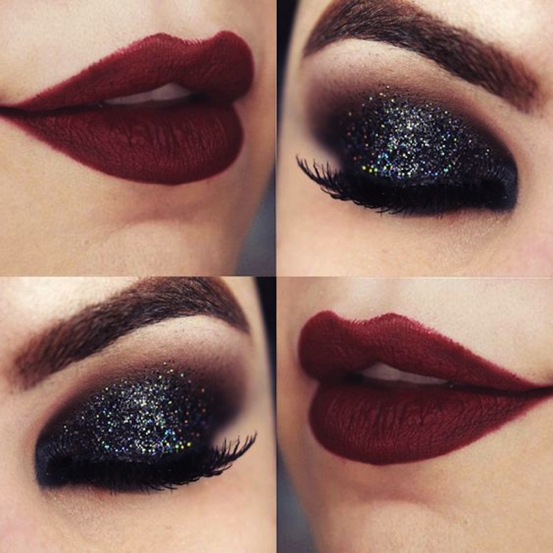 Black glitter lids and red lips