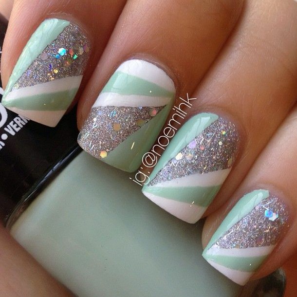 Mint, white, and glitter tape manicure