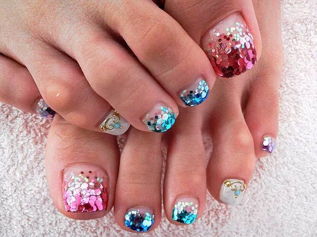 Pink and Blue Glitter Toe Nail Design