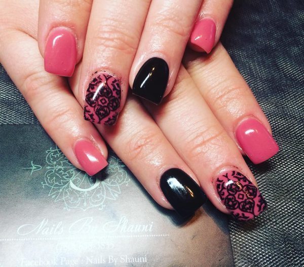 pink and black lace nail design