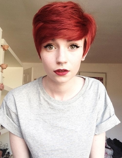 Red Pixie Haircut with Side Swept Bangs