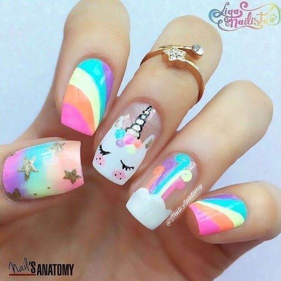 Cute Rainbow Unicorn Face Nail Design