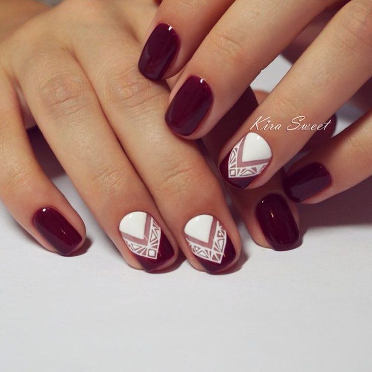 White and merlot red patterned nails
