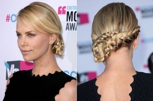 a creative messy side bun with twists and a side bang will be a nice option for a bride with medium length hair