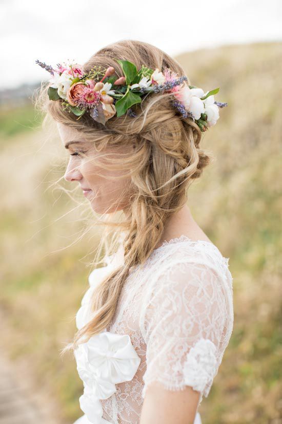 messy braid and a baby's breath crown for a summer bride