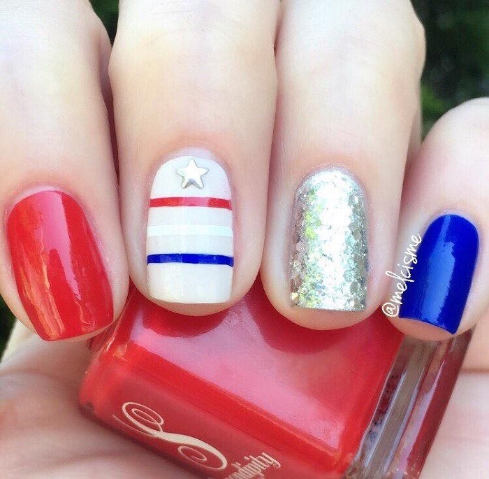4th Of July Nail Inspo to Celebrate Independence Day with Style white red blue silver nails