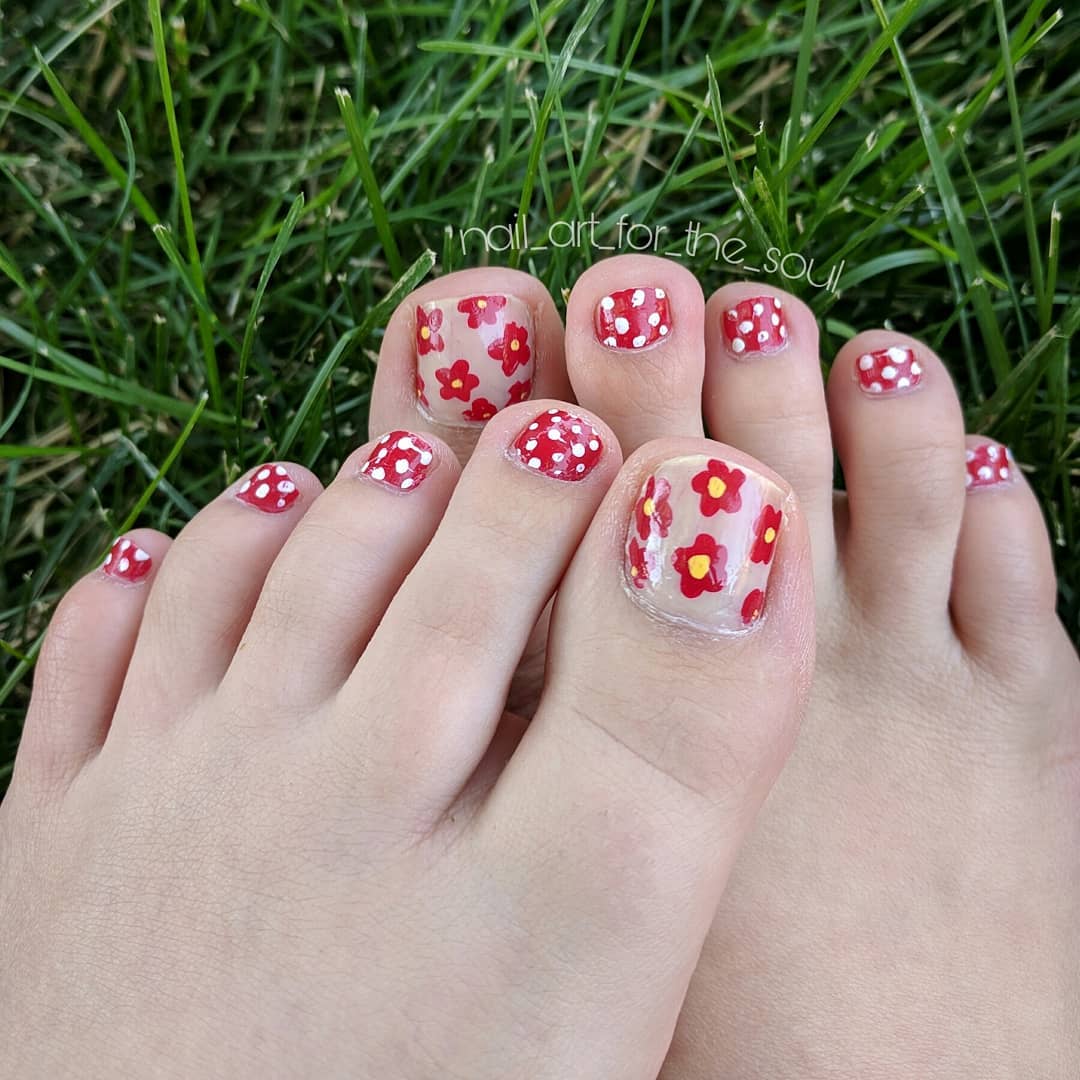 Blood Red Floral Design Nails with Polka Dots