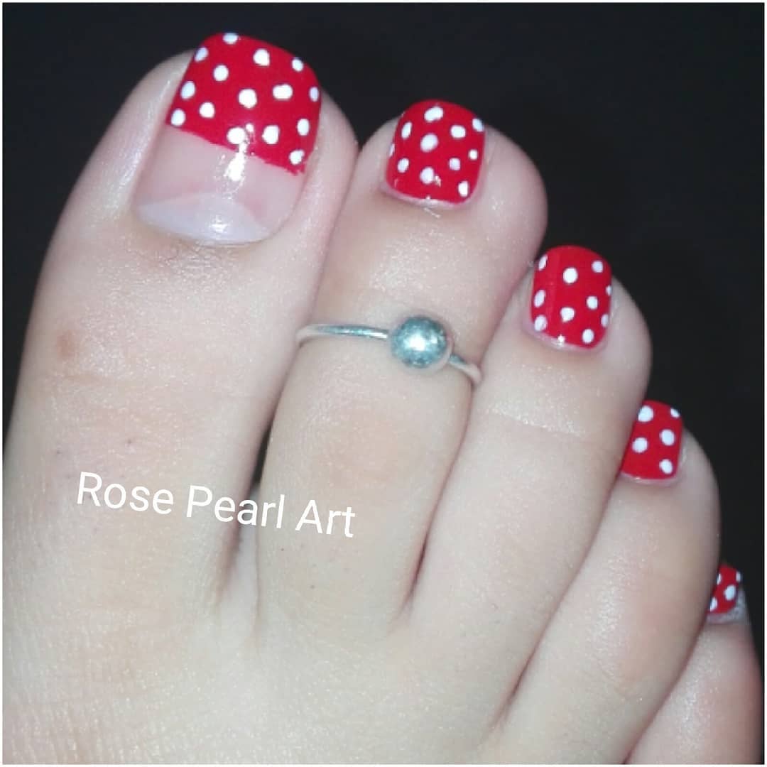 White Polka Dots on Red Nails