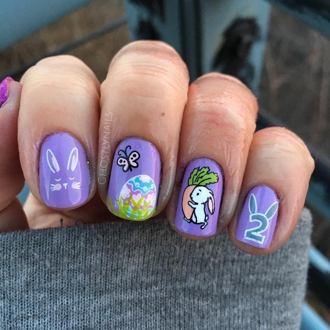 Beautiful Purple Nails with Bunny and Butterfly Design Nail Art