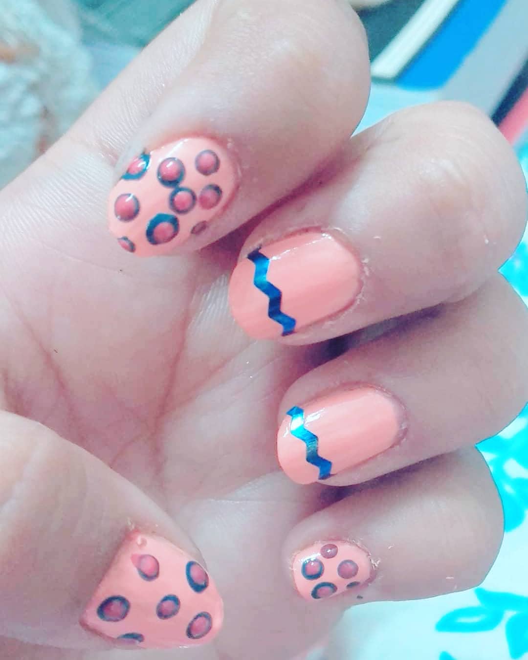 Blush Short Nails with Polka Dots and Zig Zag Nail Art