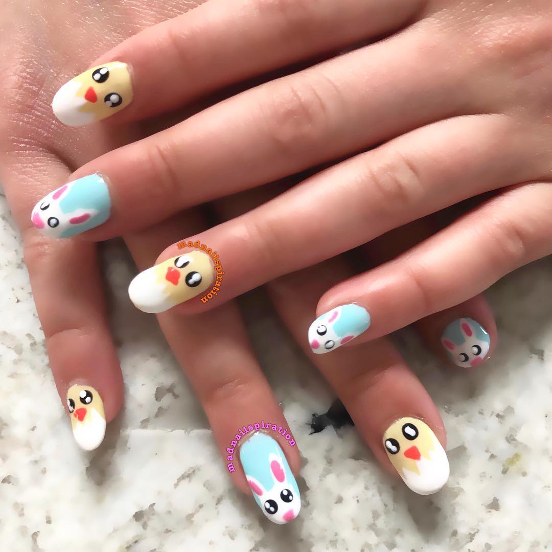 Cute Chicks and Bunny Design Nail Art for Easter Party