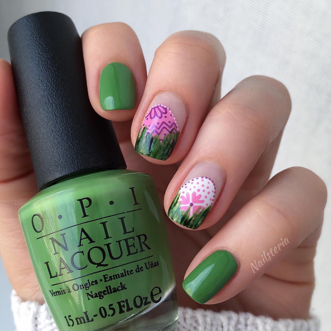 Dark Green Nails with Floral Design Easter Nails