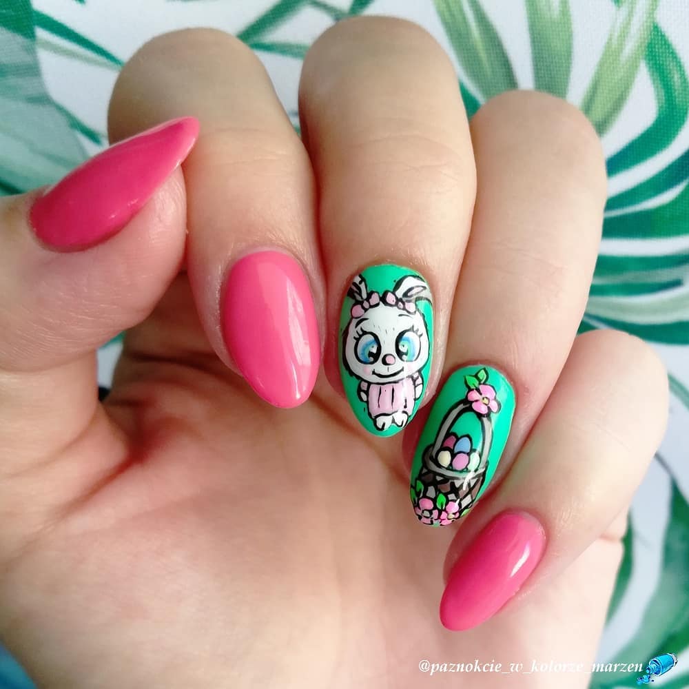 Decent and Cute Bunny and Basket Nail Art for Almond Shaped Nails
