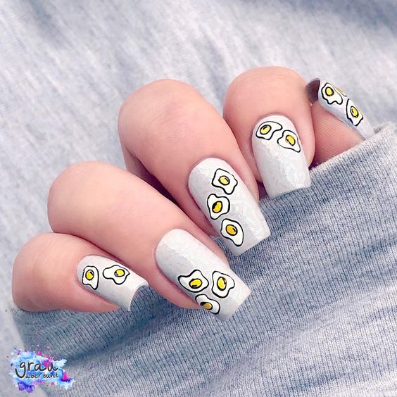 Gray Long Squared Nails with Eggs Design