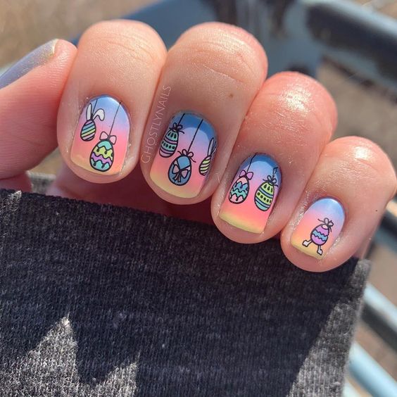 Hanging Eggs Design Nail Art for Squared Short Nails