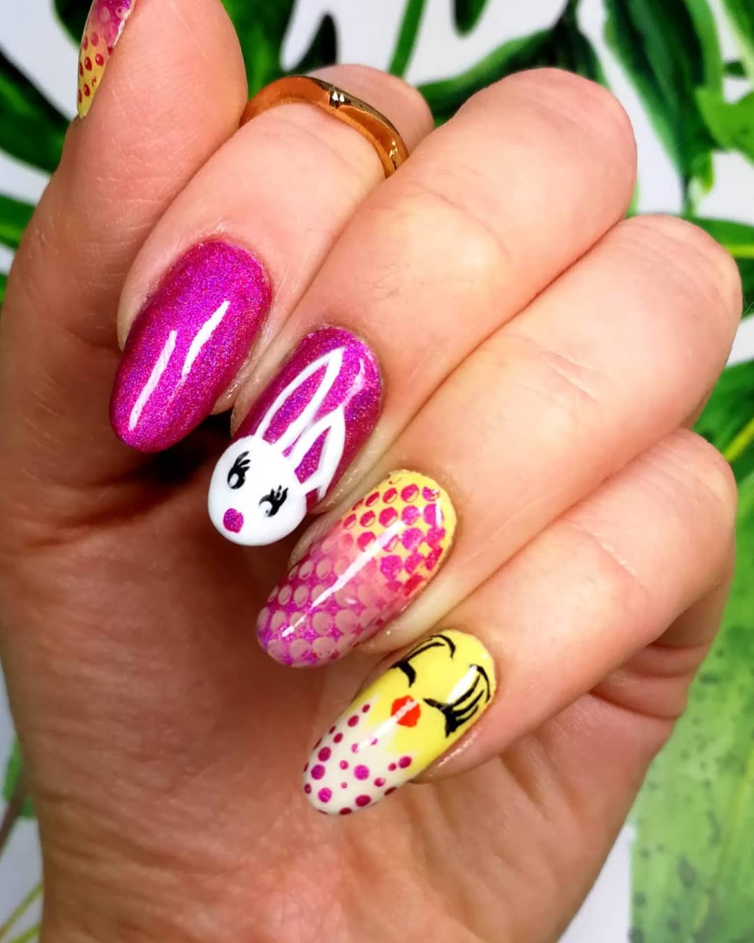 Shinning Pink Nails with Chick and Bunny Design