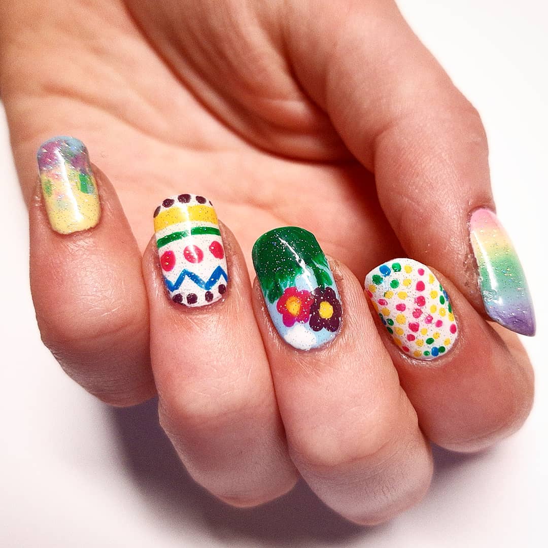 Spring Inspired Flowers and Patterned Design Nail Art
