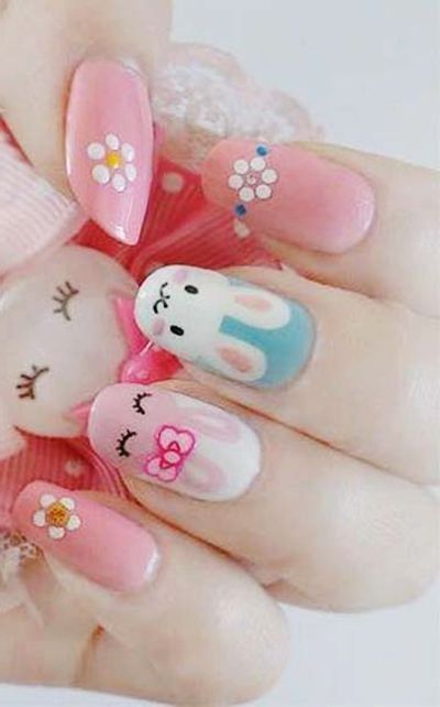 Sun Flower and Bunny Design Cute DIY Nail Art for Easter