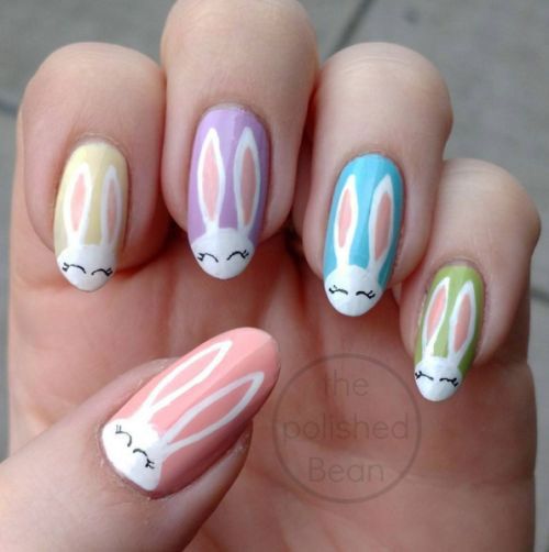 Trendy White Bunny Face Design Colorful Long Nails