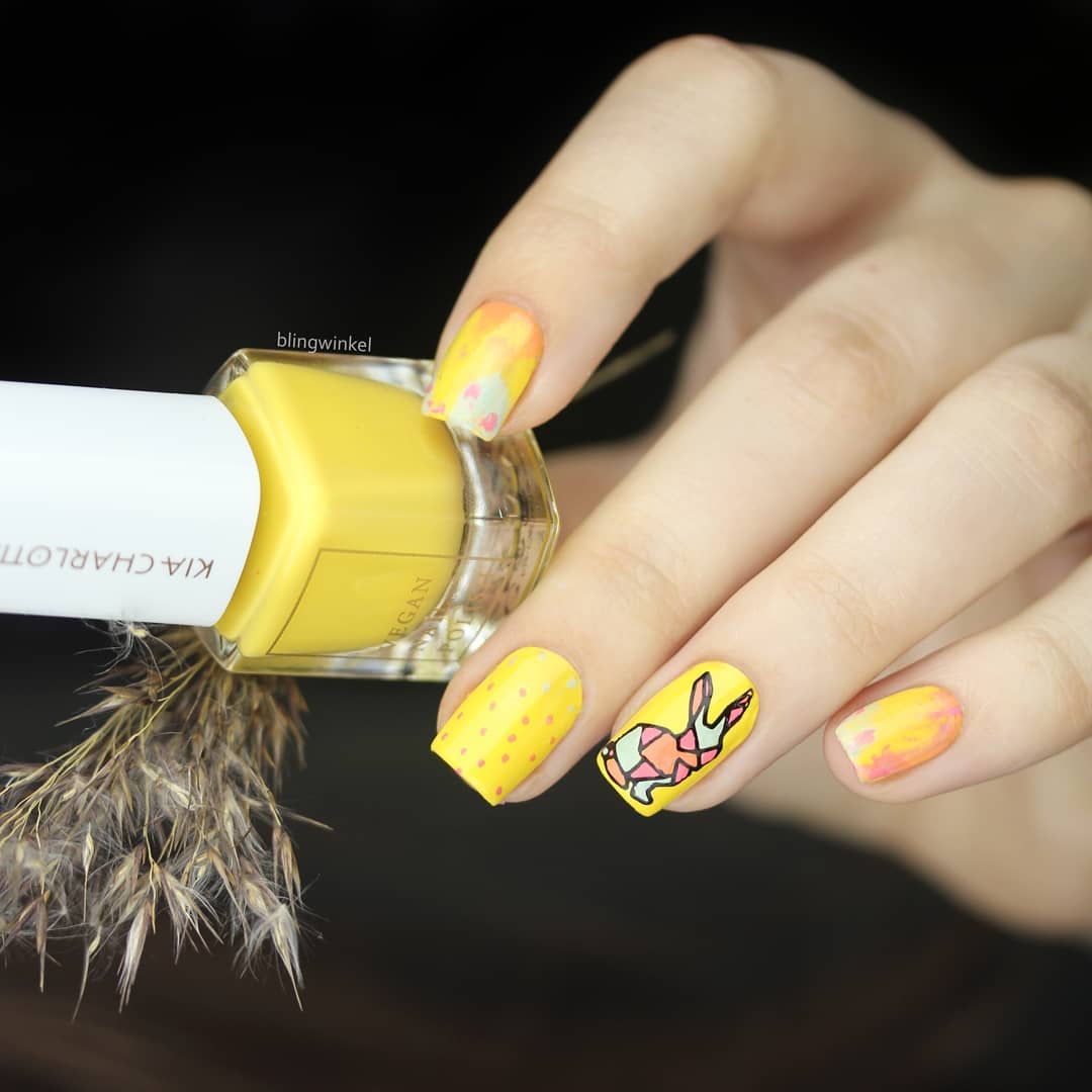 Yellow Short Squared Nails with Bunny Design
