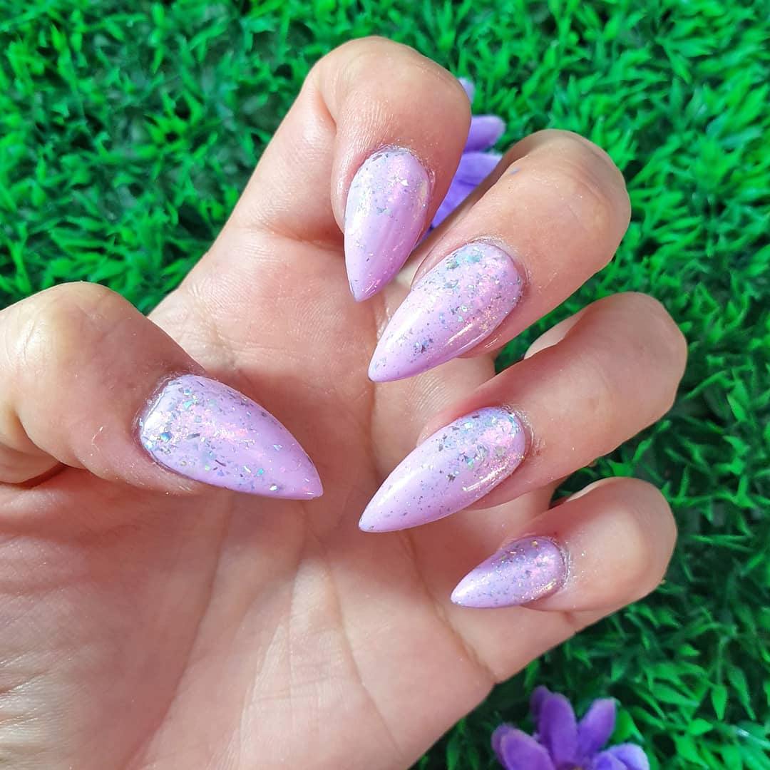 Baby Pink Stiletto Nails with Silver Shimmery Touch
