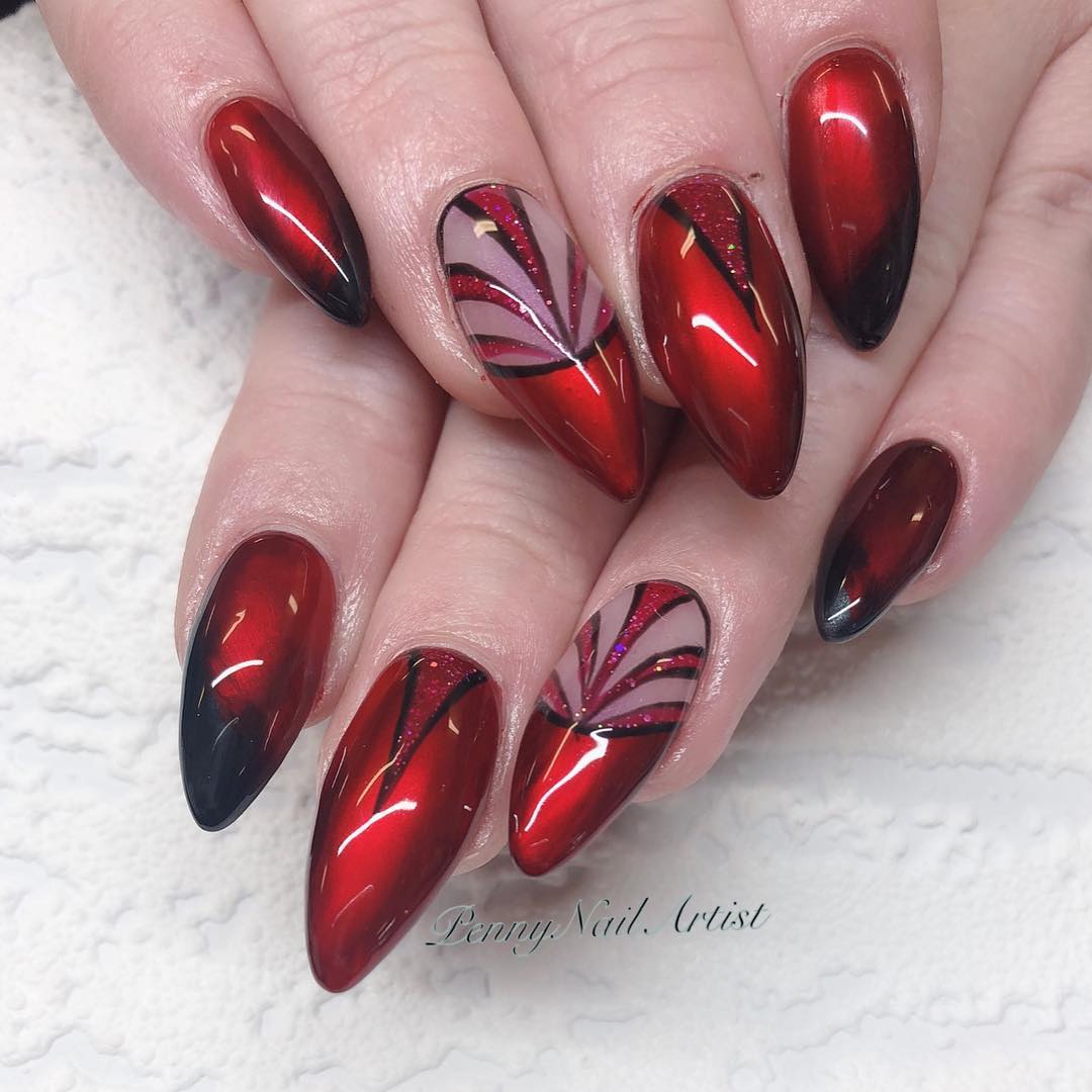 DIY Patterned Design Red Stiletto Nails