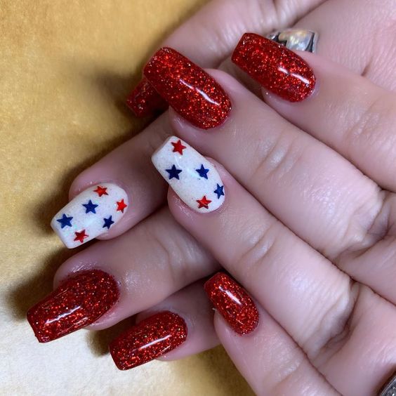 Independence Day Inspired Red Nails with Exceptional Star Design Nail Art