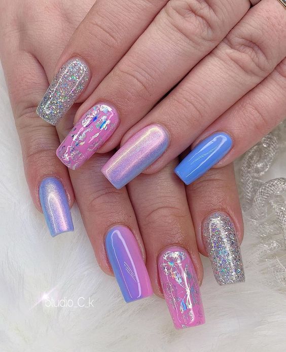 Light Pink and Blue Color Blend with Exceptional Silver Long Squared Nails