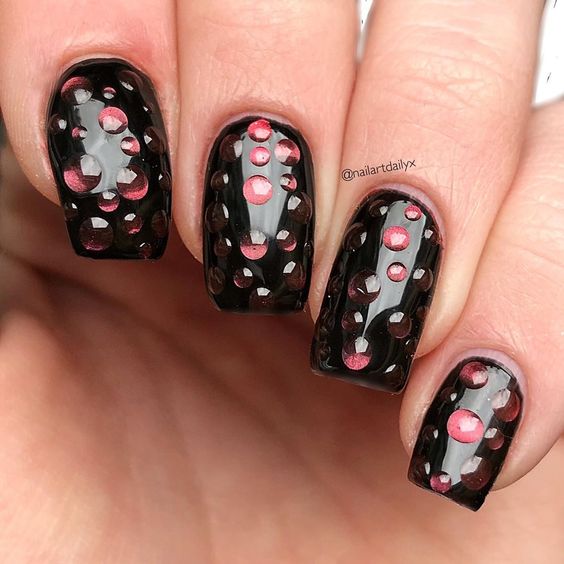 Perfect Black Nails with 3D Rain Drops Design