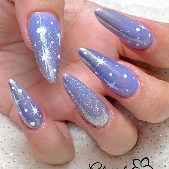 Stunning Shinning Stars Design Purple Nails