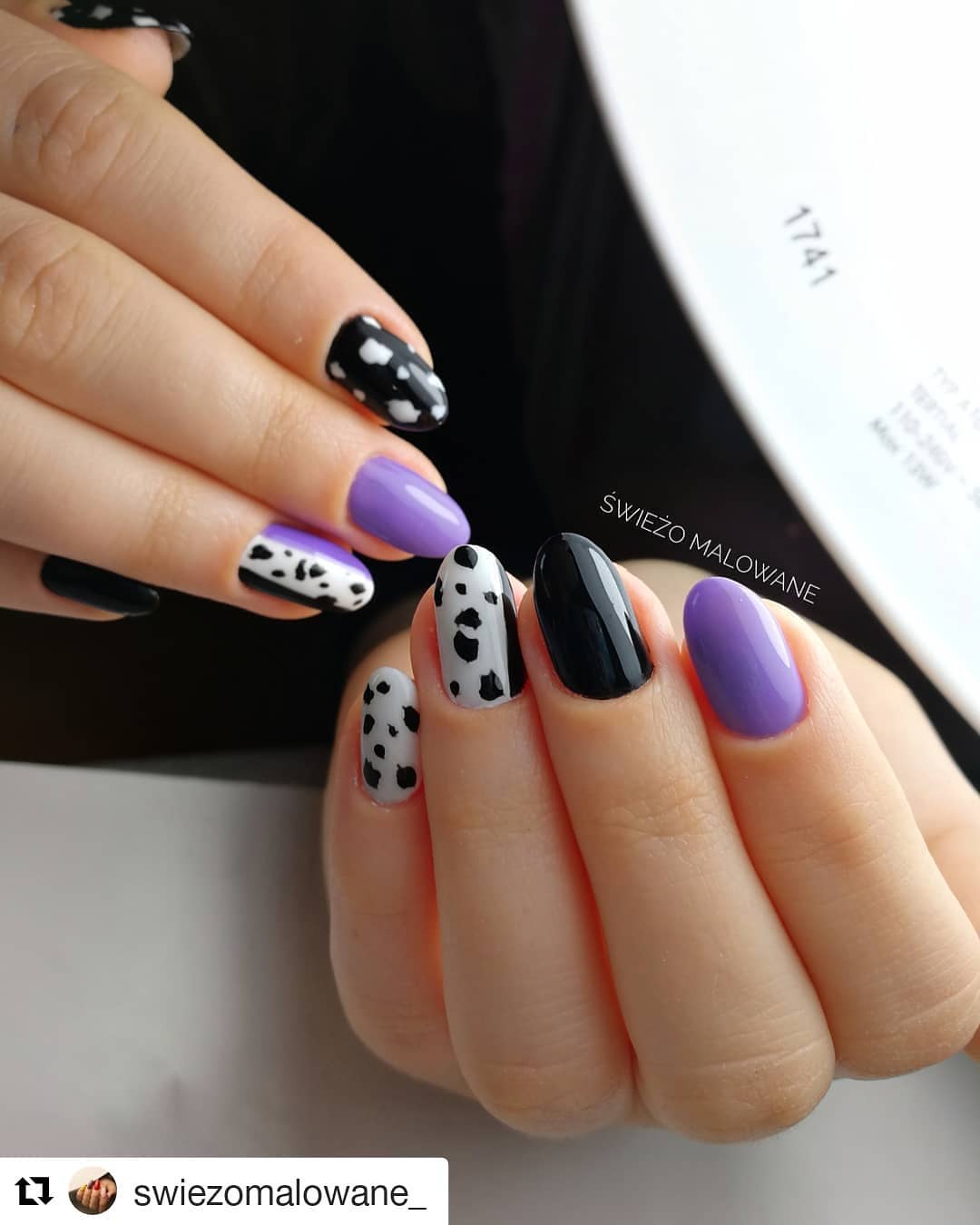 Black Blue and Cow Nail Art Design for Almond Nails