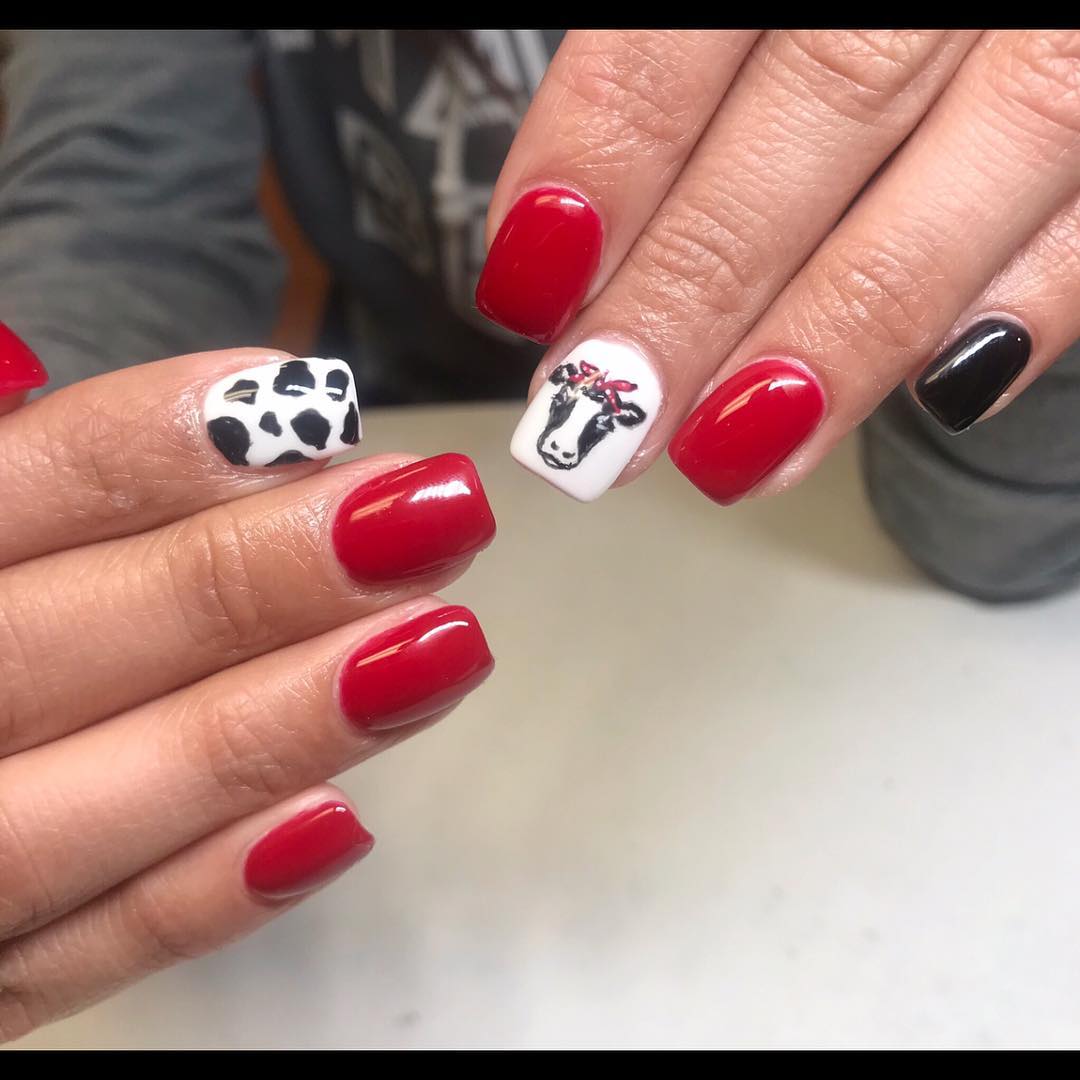 Blood Red Nail Color with Perfect Cow Nail Art