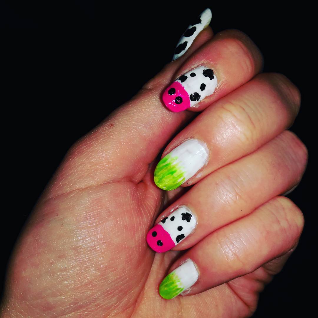 Fantastic Green White Nail Design with Cow Nail Art